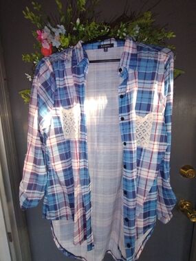 Hype Blue Plaid Button-Down Shirt with Lace Pockets